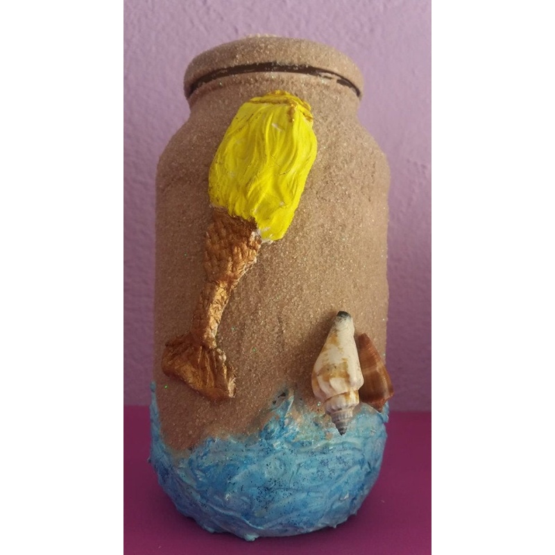 Mermaid decoupage jar. Decorated jar handmade. Hand painted decor. Shells. Greek Mythology