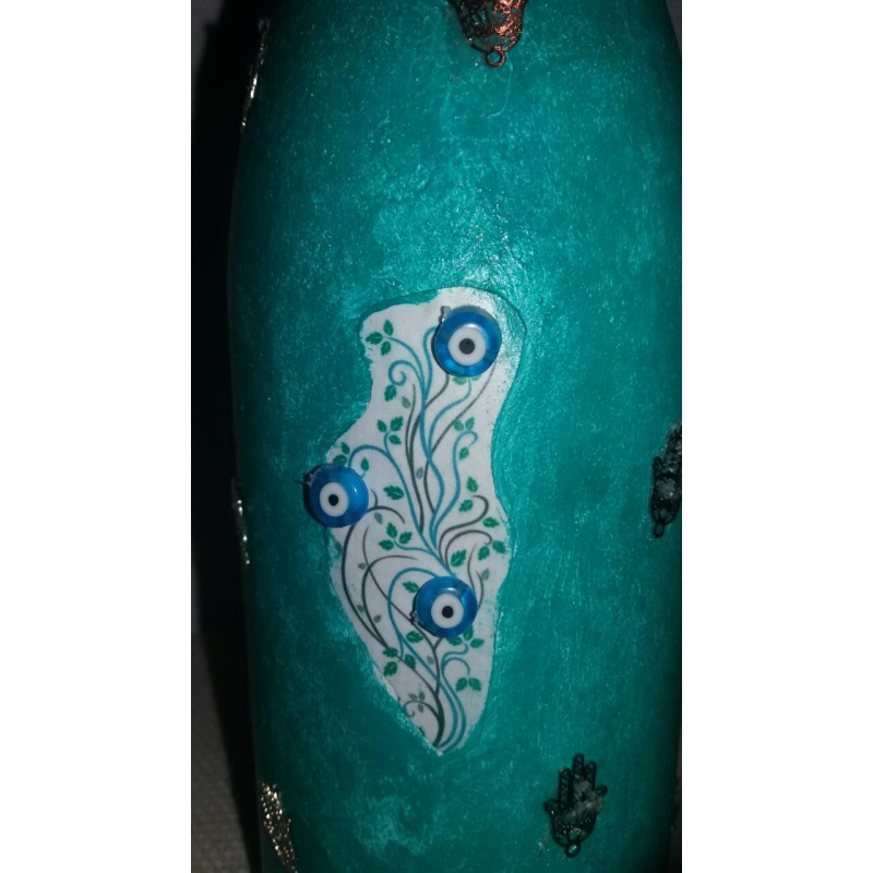 Hamsa Hand decoupage bottle. Hand of Fatima. Decorated bottle handmade. Hand painted. Witchy Altar tool