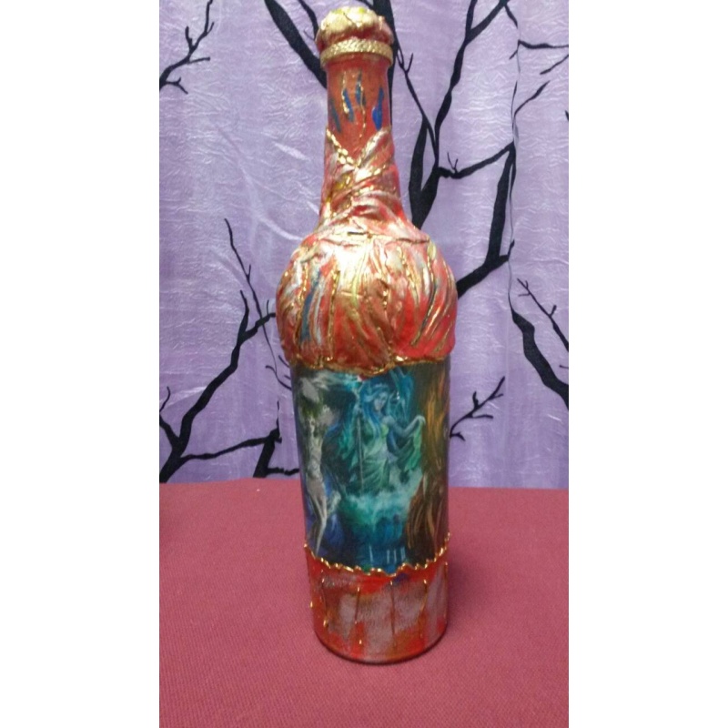 Magic Four Elements: Earth, Water, Air, and Fire decoupage bottle. Decorated bottle handmade. Hand painted. Altar tool