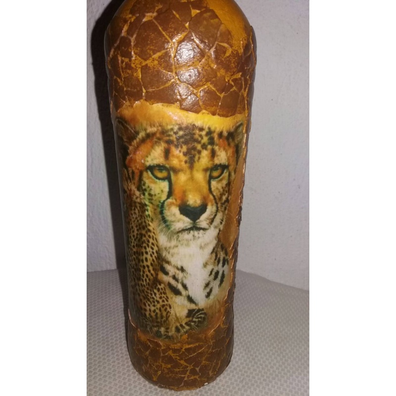 Cheetah decoupage bottle. Decorated bottle handmade. Hand painted decor. Witchy Altar tool Spirit Animal. Animal as totem