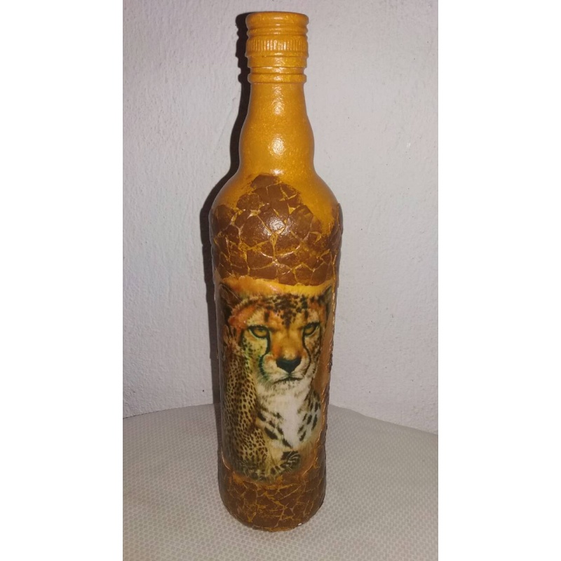 Cheetah decoupage bottle. Decorated bottle handmade. Hand painted decor. Witchy Altar tool Spirit Animal. Animal as totem