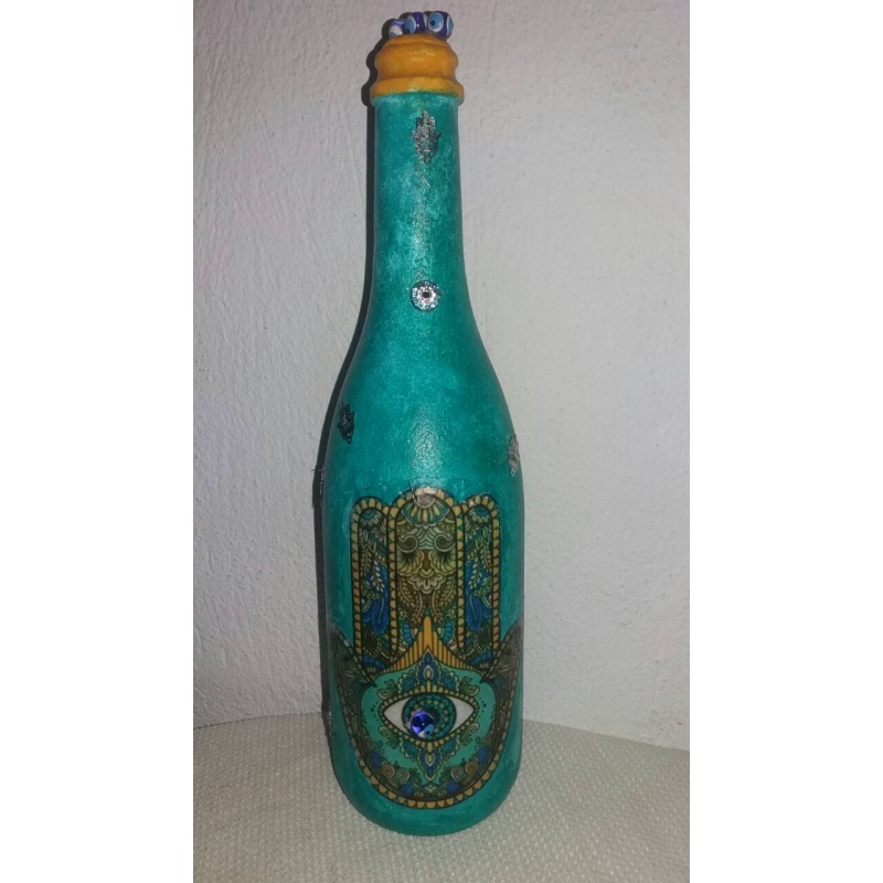 Hamsa Hand decoupage bottle. Hand of Fatima. Decorated bottle handmade. Hand painted. Witchy Altar tool