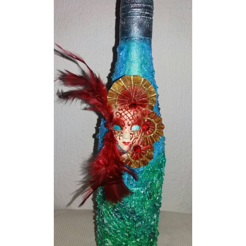 Venice carnival happyness in life Arlecchino (Harlequin) decoupage bottle. Decorated bottle handmade. Hand painted decor. Witchy Altar tool