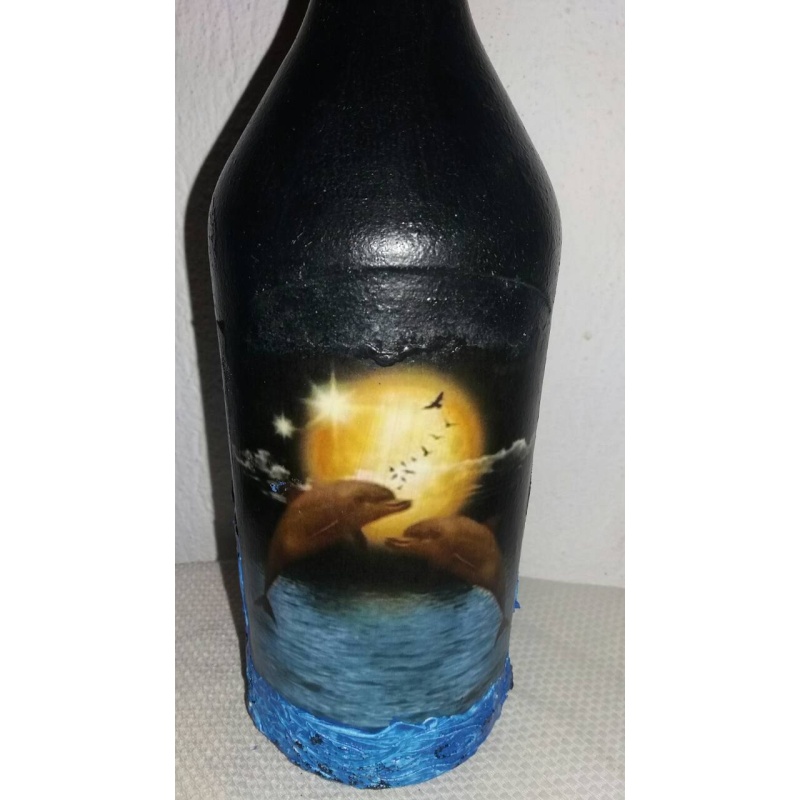 Dolphins the sea angels decoupage bottle. Decorated bottle handmade. Hand painted decor. Witchy Altar tool Spirit Animal. Animal as totem