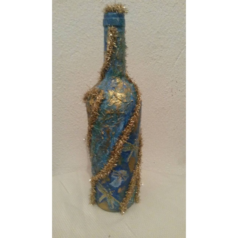 Dragonfly decoupage bottle. Decorated bottle handmade. Wish Bottle. Hand painted, gold decor. Altar tool. Spirit Animal. Animal as totem